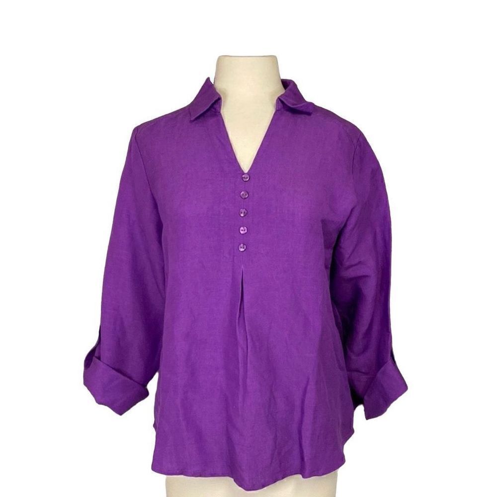 NEW Christopher & Banks Linen Blend Purple V-Neck Long Sleeve Top